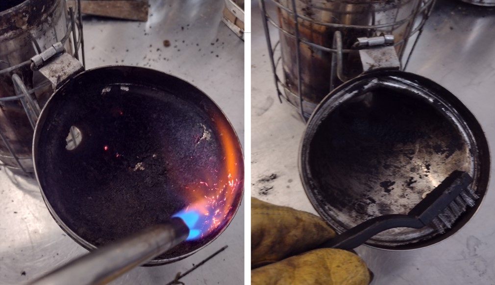 The inside of a smoker lid being torched and brushed.